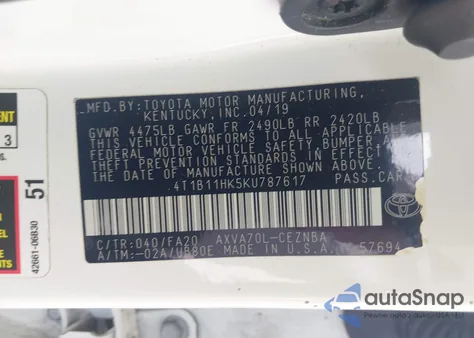 2019 Toyota Camry Le from USA, damaged, VIN 4T1B11HK5KU787617
